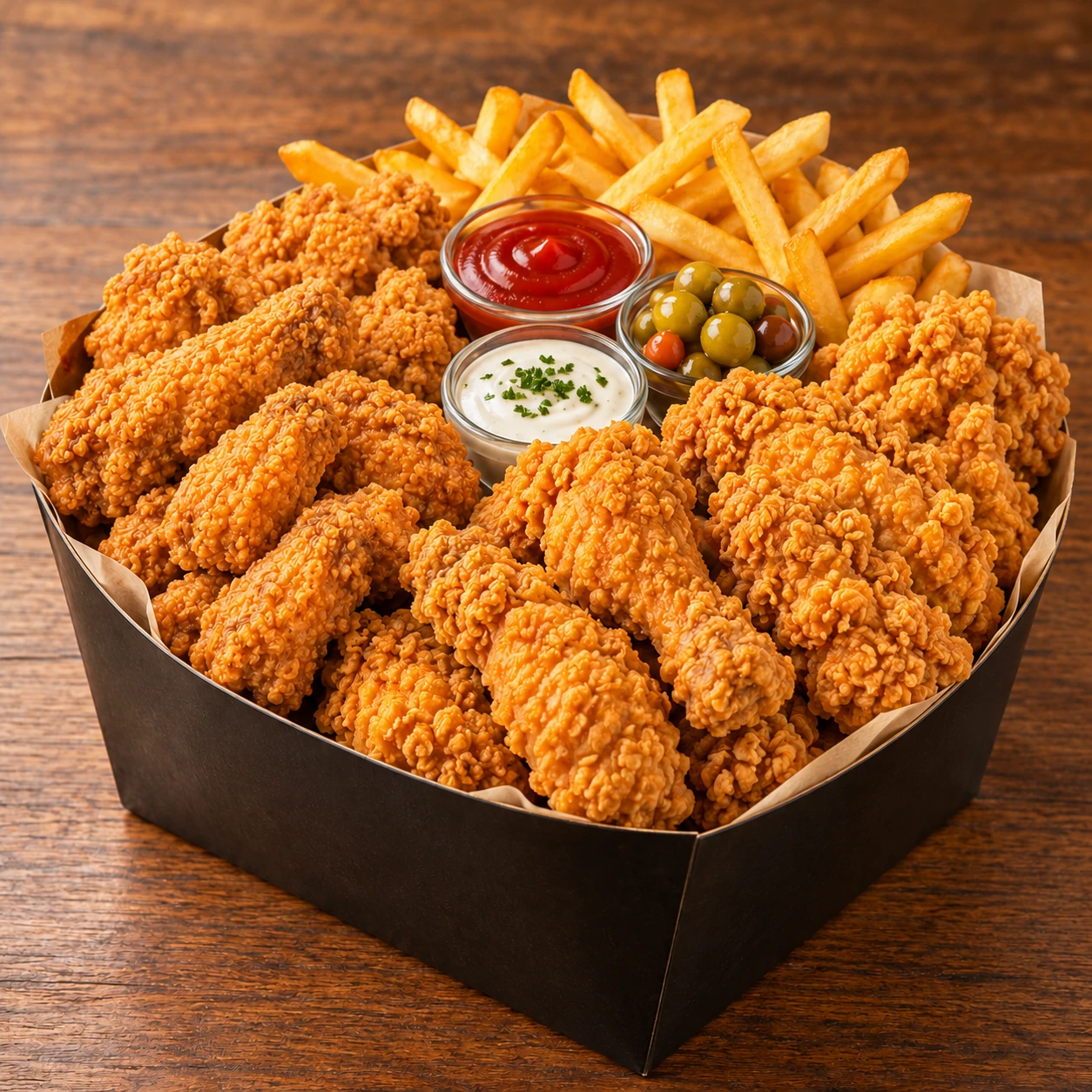 Golden Broasted med krispig kyckling, pommes och såser