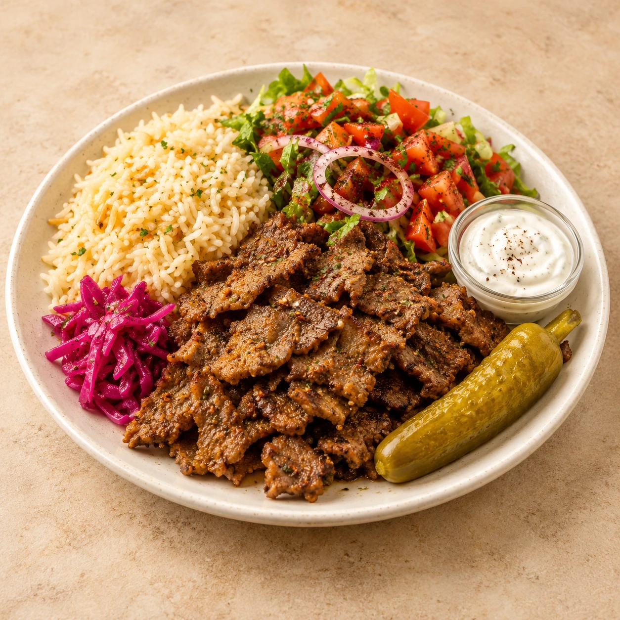 Turkisk kebab på tallrik med tillbehör