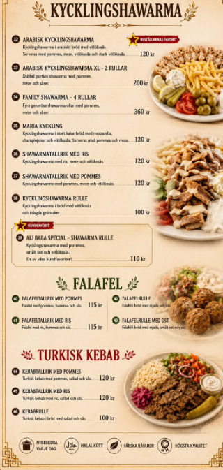 Originalmeny för shawarma, falafel och kebab